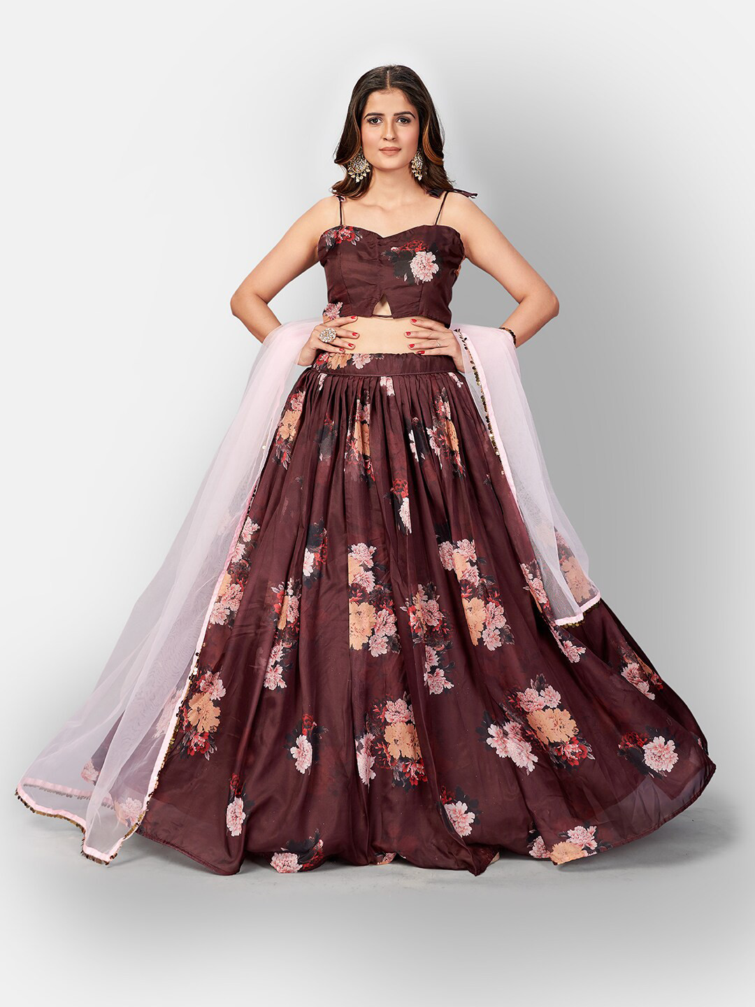 SHOPGARB Brown & Peach-Coloured Printed Semi-Stitched Lehenga & Unstitched Blouse With Dupatta