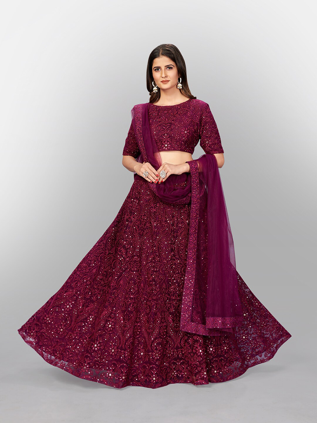 SHOPGARB Burgundy & Silver Toned Semi-Stitched Lehenga & Unstitched Blouse with Dupatta