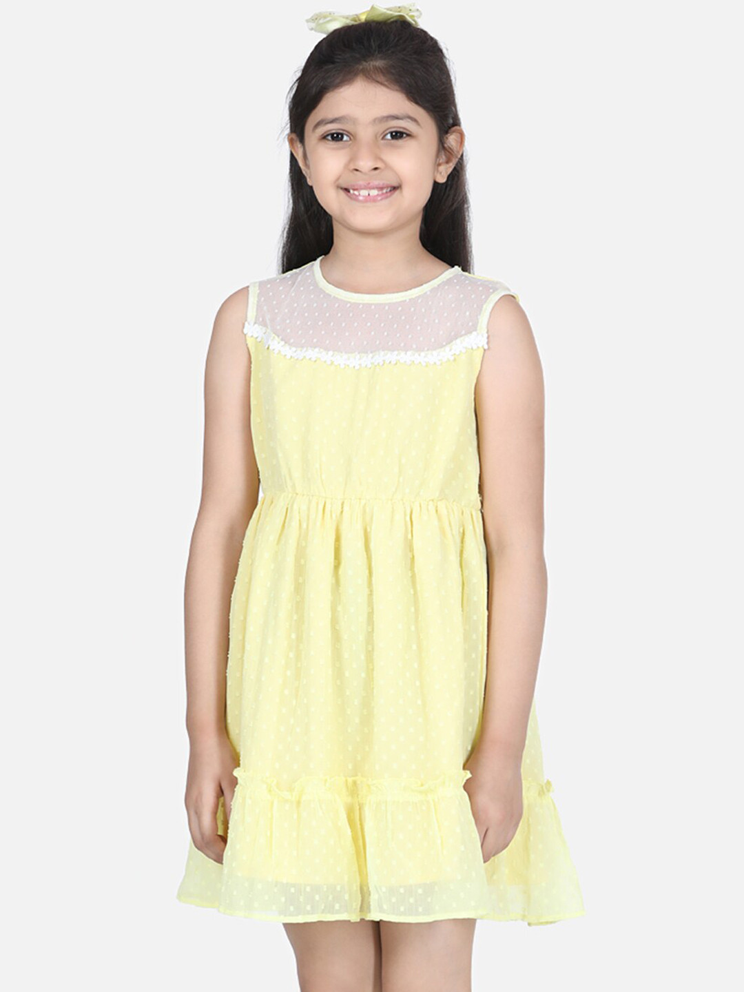 StyleStone Girls Yellow & White Lace Dress