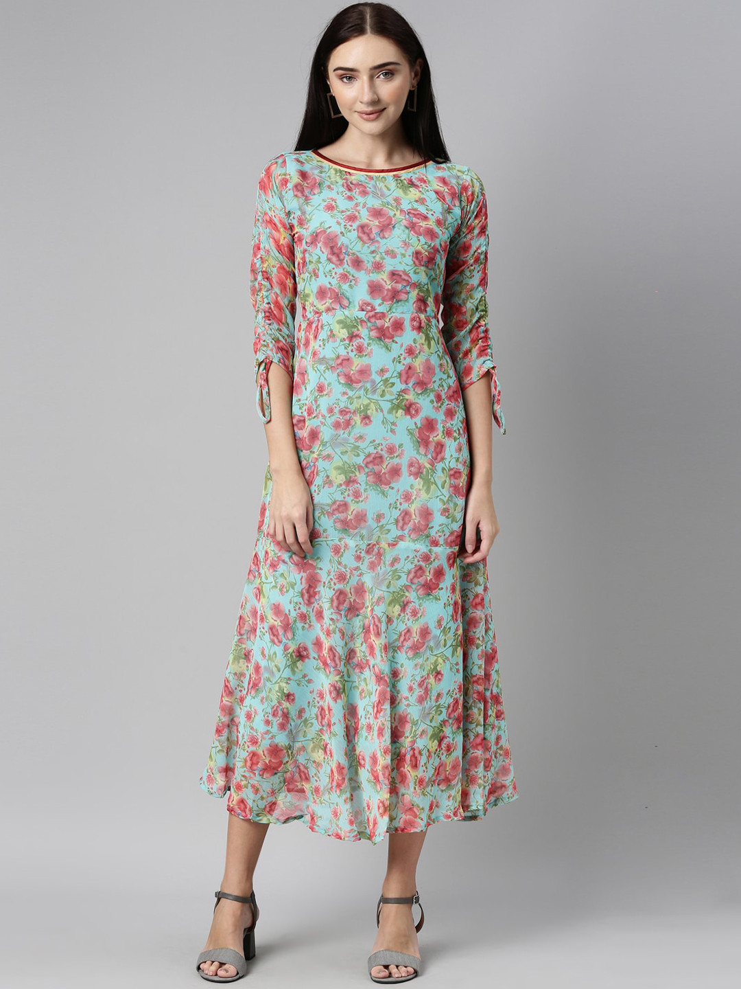 Souchii Women Turquoise Blue Floral Printed Chiffon A-Line Midi Dress