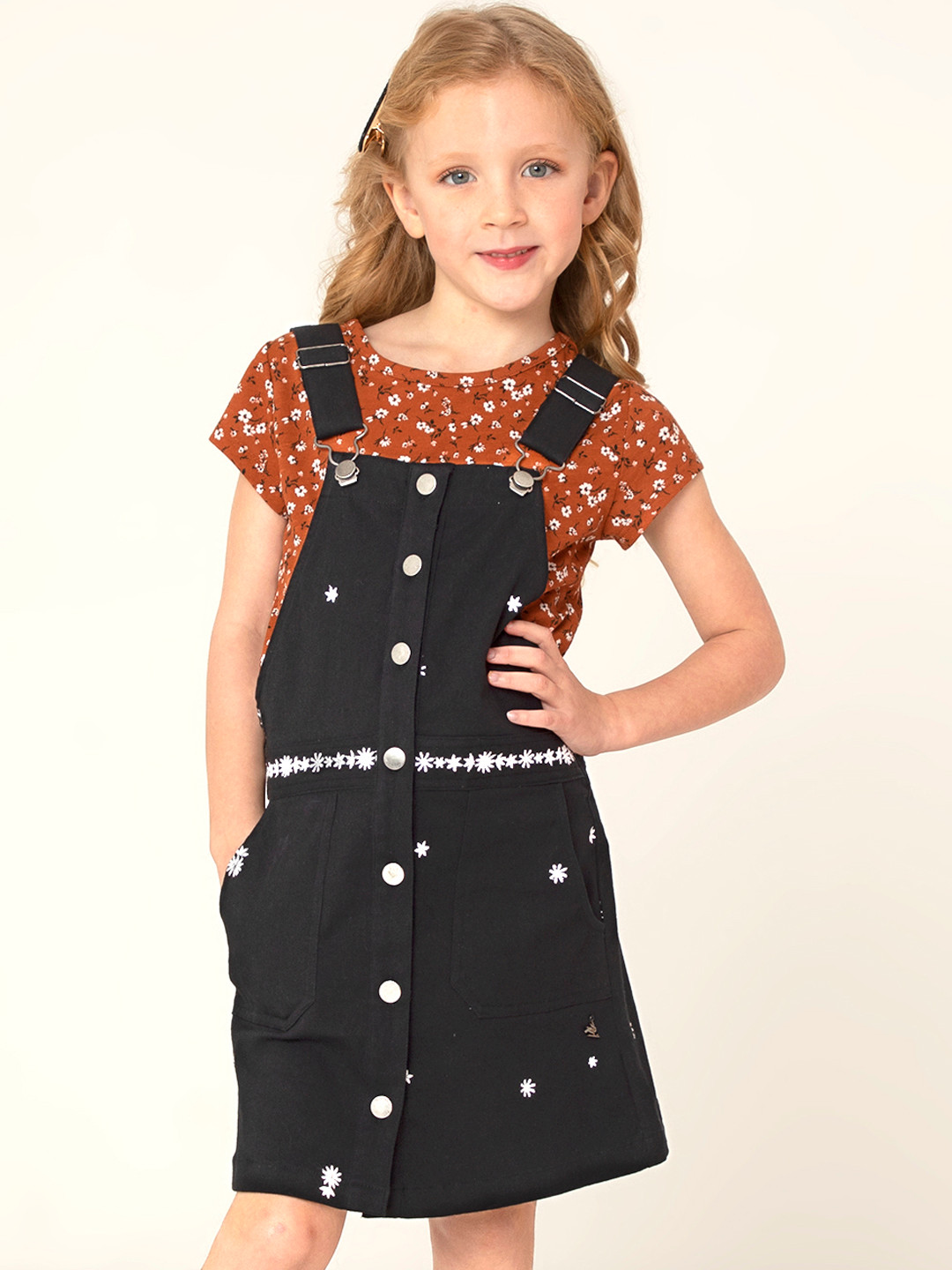 Cherry Crumble Girls Black & White Floral Embroidered Cotton Pinafore Dress