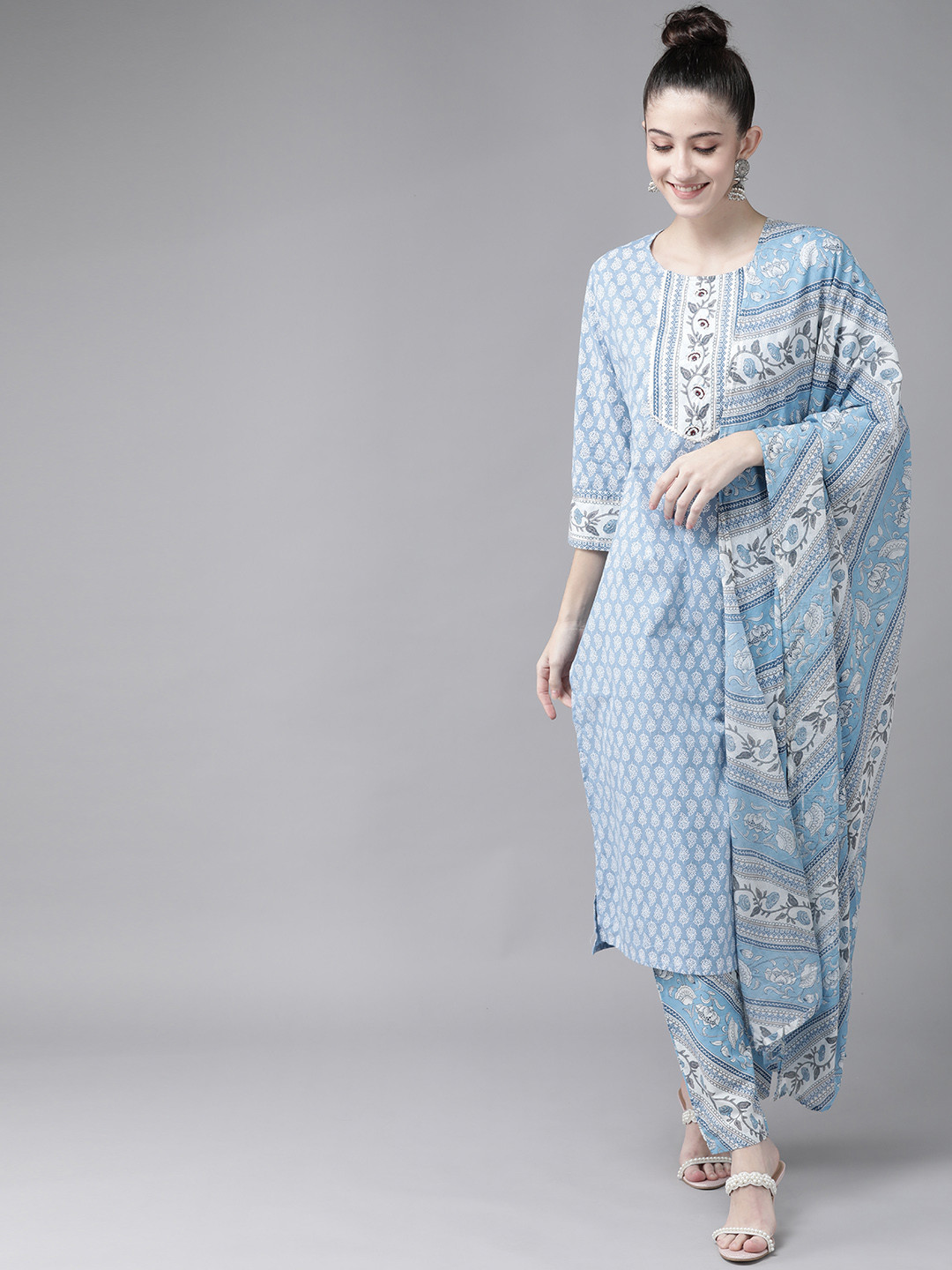 Yufta Women Blue & White Ethnic Printed Pure Cotton Kurta with Trousers & With Dupatta