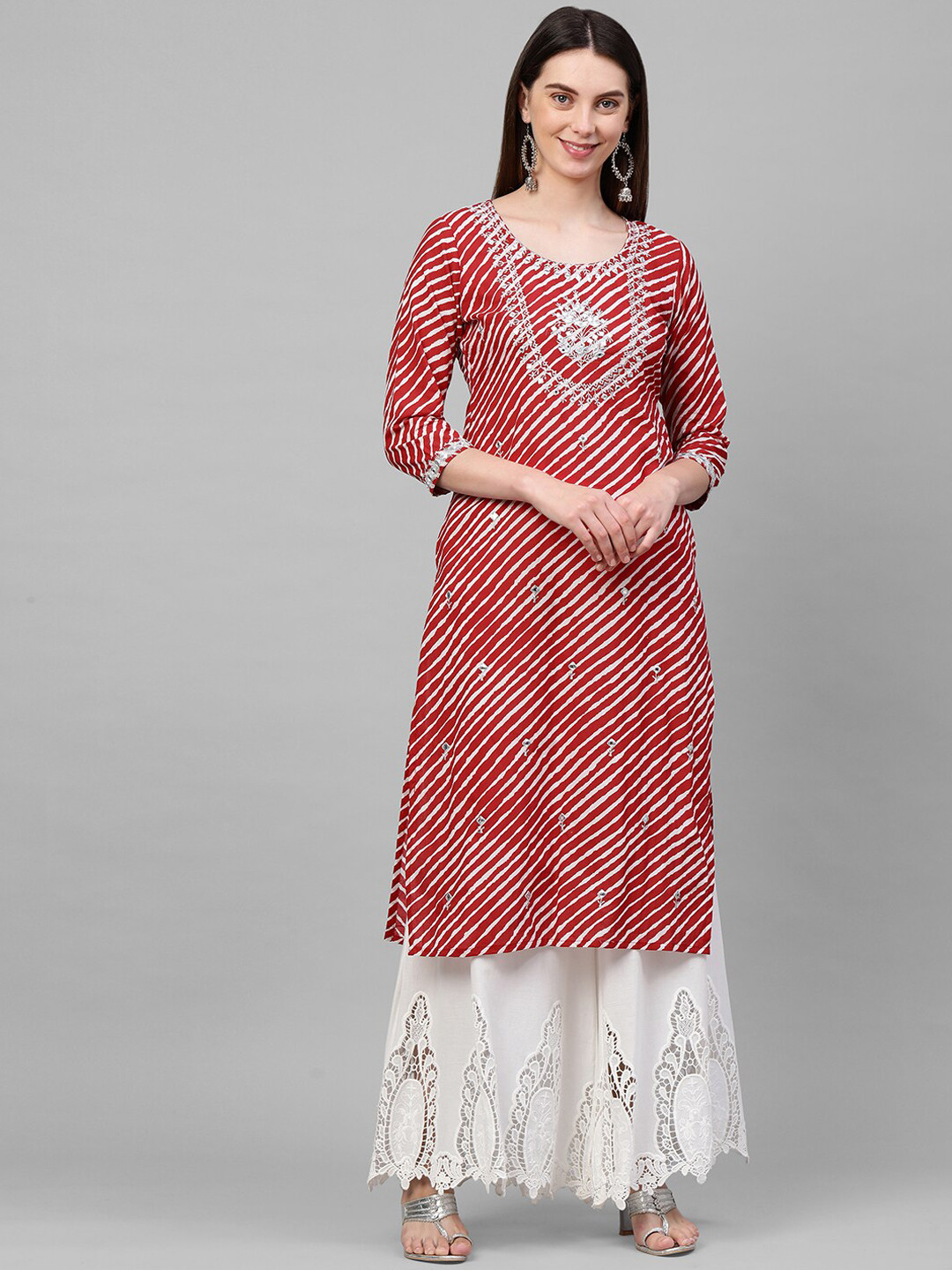 FASHOR Women Red Striped Mirror Work Anarkali Kurta