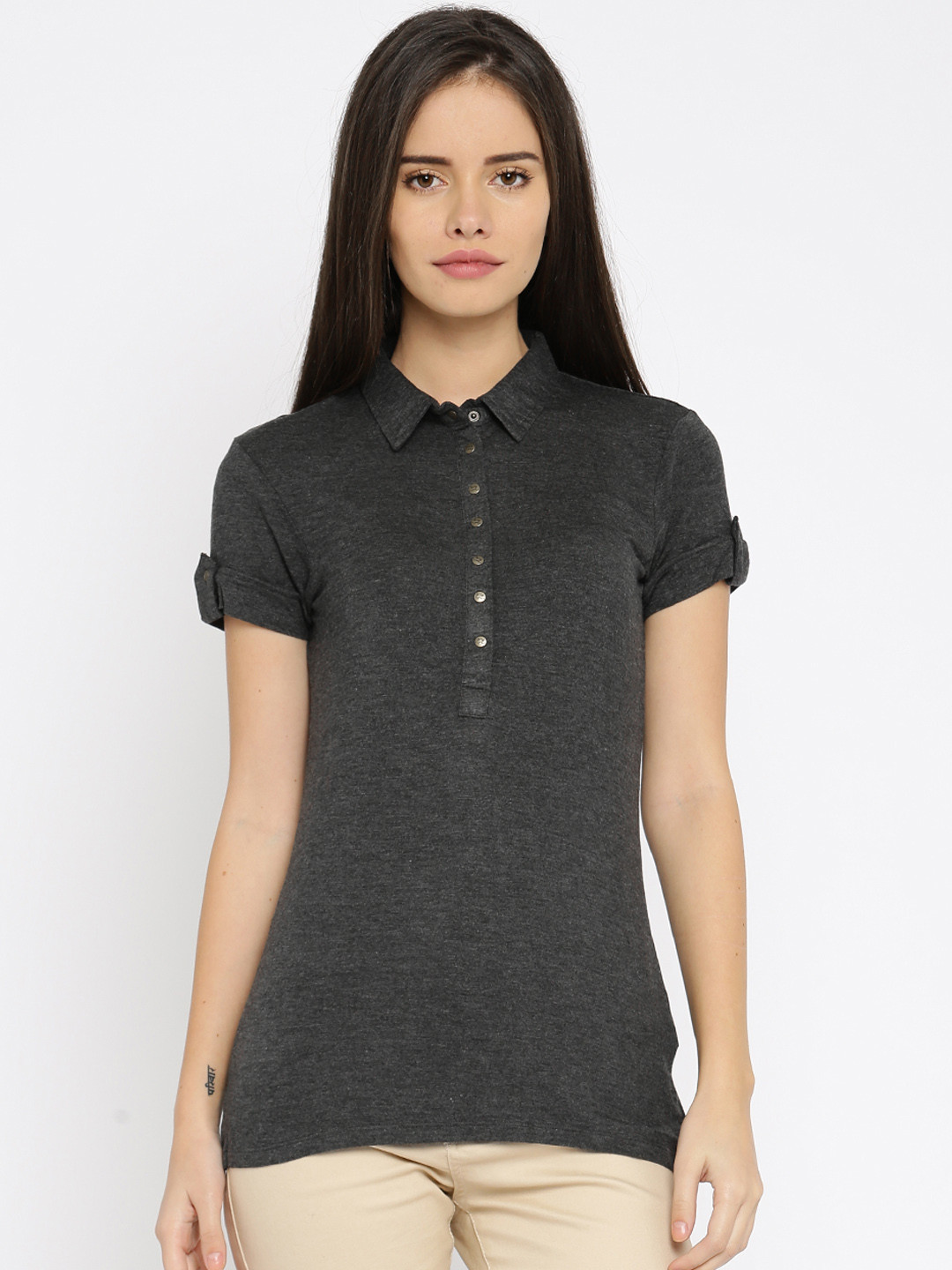 Women Charcoal Grey Solid Polo 