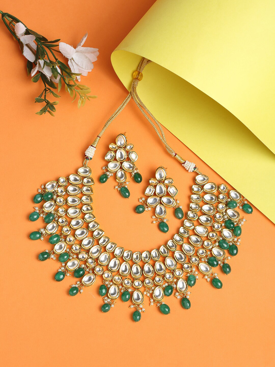 Ruby Raang Gold-Plated Green & White Faux Kundan-Studded Beaded Handcrafted Jewellery Set