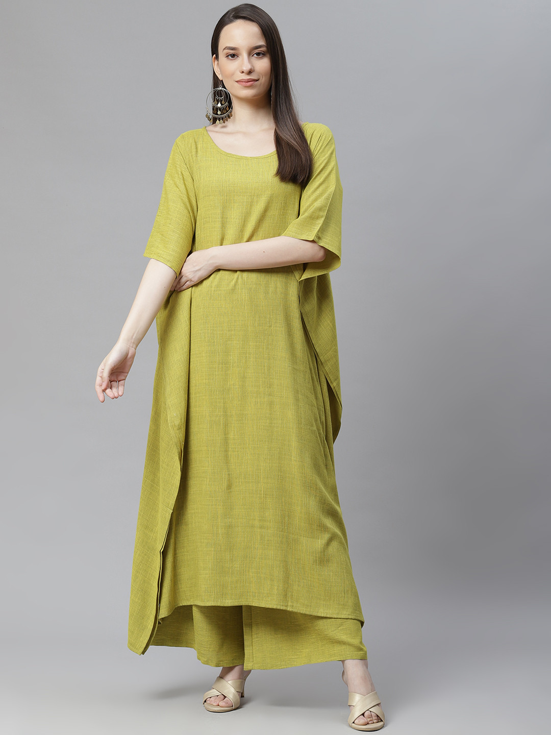 Cottinfab Women Yellow Regular Kaftan Kurta with Palazzos