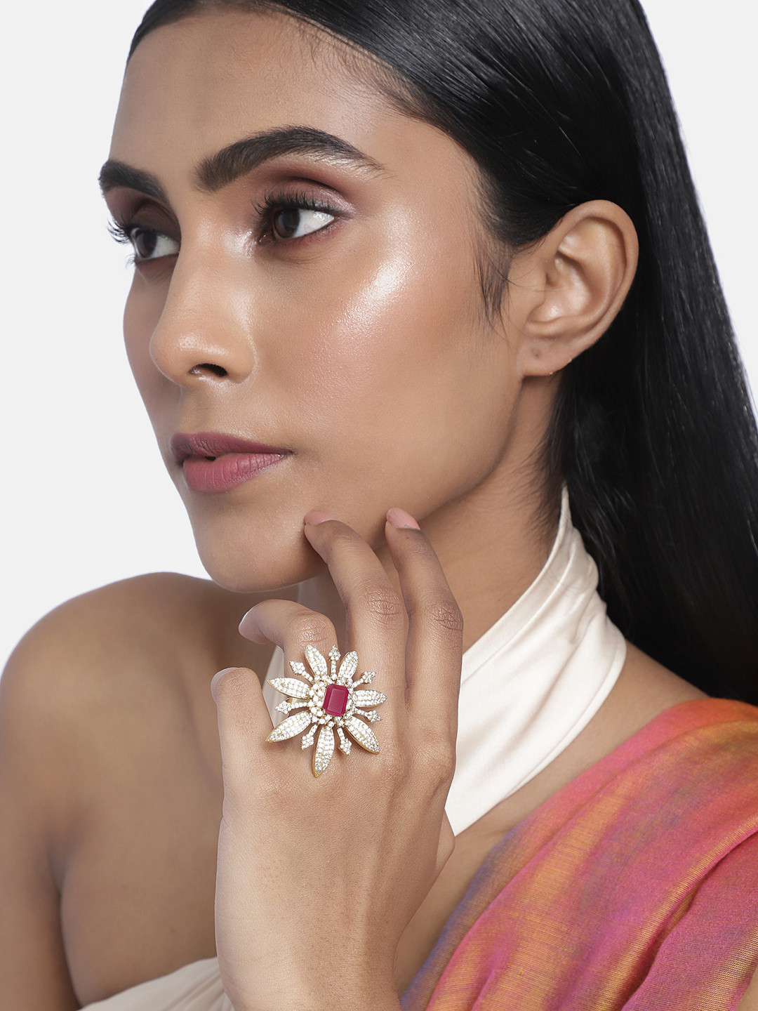 Laida Gold-Plated & Maroon Handcrafted American Diamond Studded Floral Ring