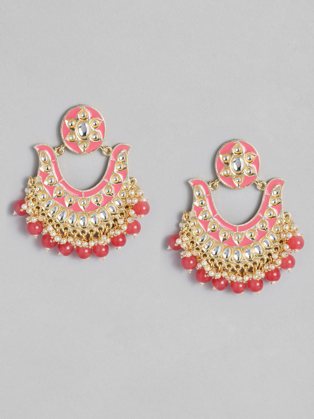 LAIDA Pink Gold-Plated Handcrafted Kundan Studded Enamelled Chandbalis