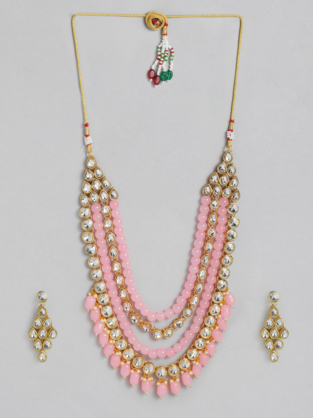 LAIDA White & Pink Gold-Plated Kundan Studded Handcrafted Embellished Jewellery Set