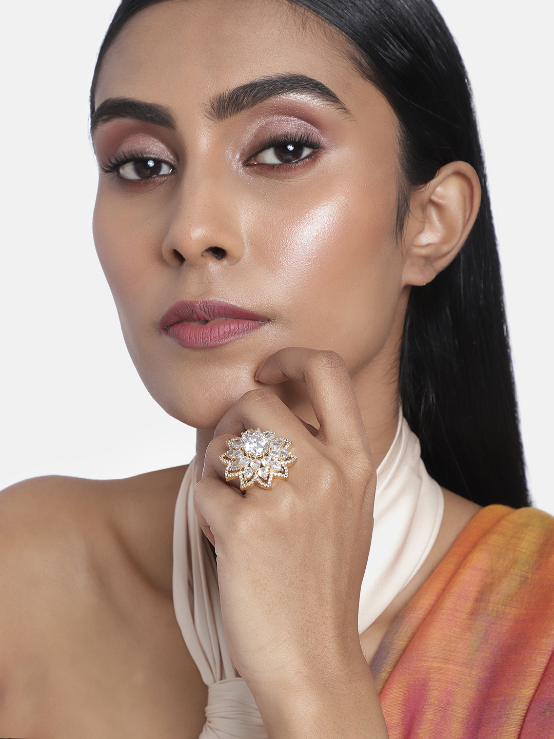 Laida Gold-Plated Handcrafted American Diamond Studded Floral Ring