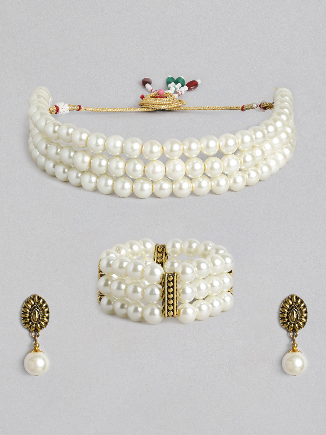LAIDA Off-White Antique Gold-Plated Beaded Handcrafted Choker Jewellery Set