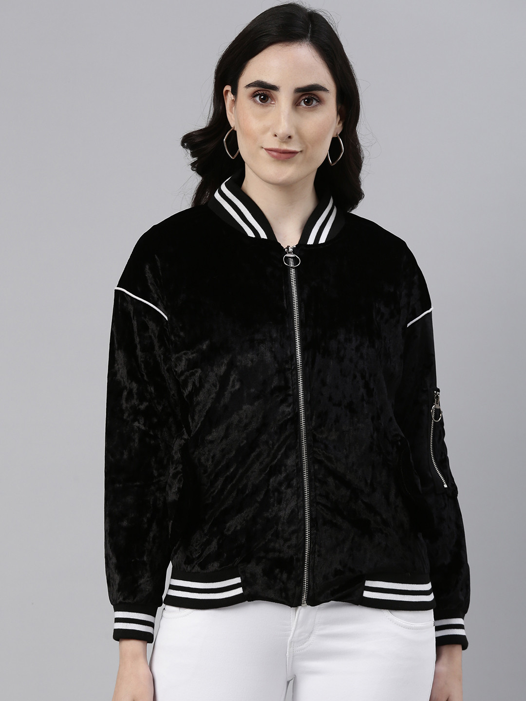 Campus Sutra Women Black Outdoor Satin Bomber Jacket