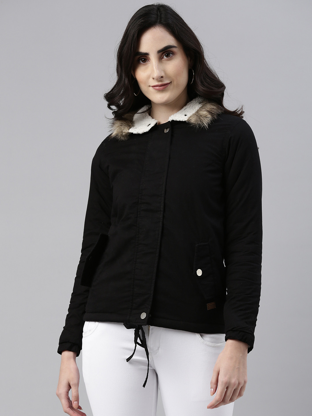 Campus Sutra Women Black Windcheater Parka Jacket