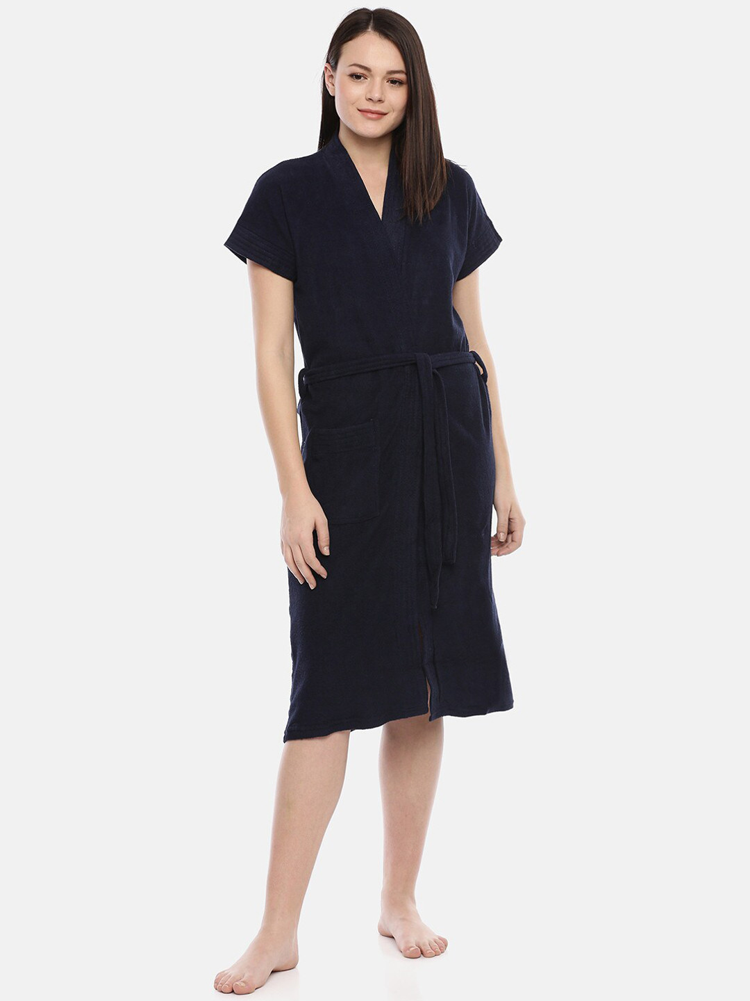 GOLDSTROMS Navy Blue Solid Cotton Drawstring Knee Length Bath Robe