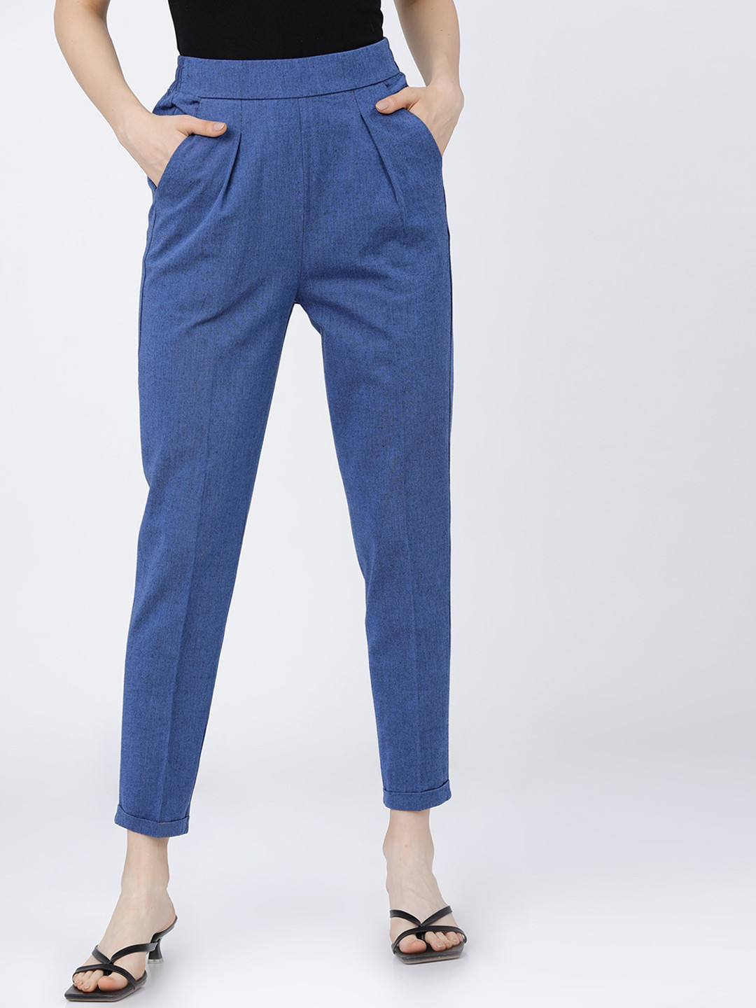 Tokyo Talkies Women Blue Pleated Tapered Fit Trousers