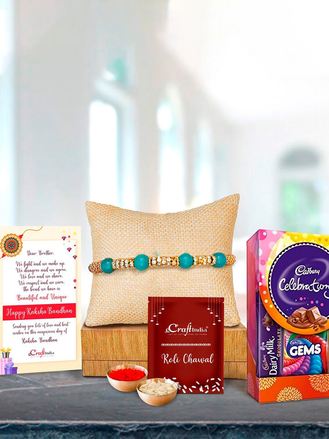 eCraftIndia Gold-Toned & White Rakhi Gift Set