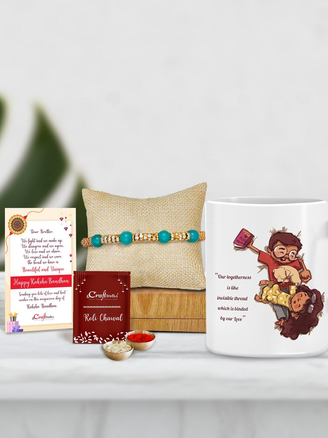 eCraftIndia Unisex Designer Pearl Rakhi with Mug and Roli Chawal Pack, Greeting Card
