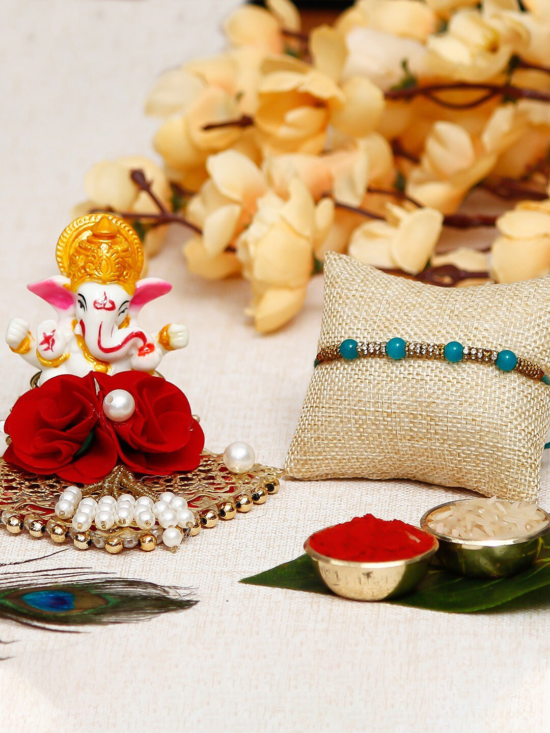 eCraftIndia Beaded Rakhi With Lord Ganesha Idol & Plate Roli Chawal Rakhi Gift Set