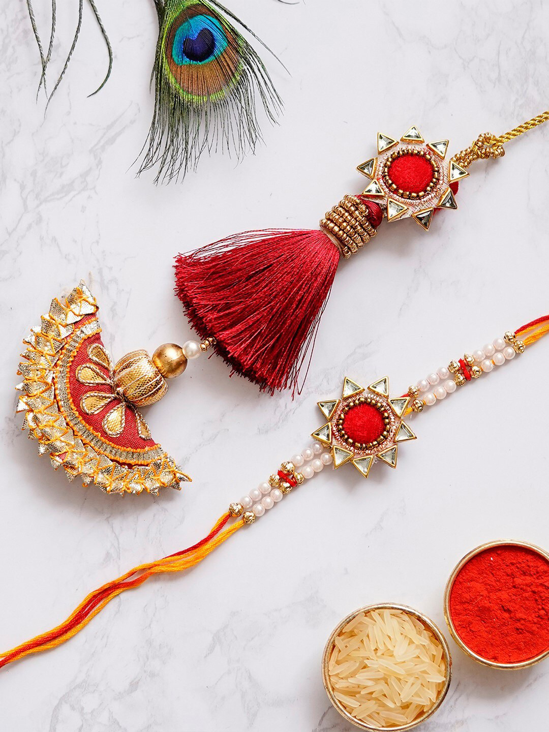eCraftIndia Red Handcrafted Premium Rakhi & Roli Chawal Pack with Greeting Card