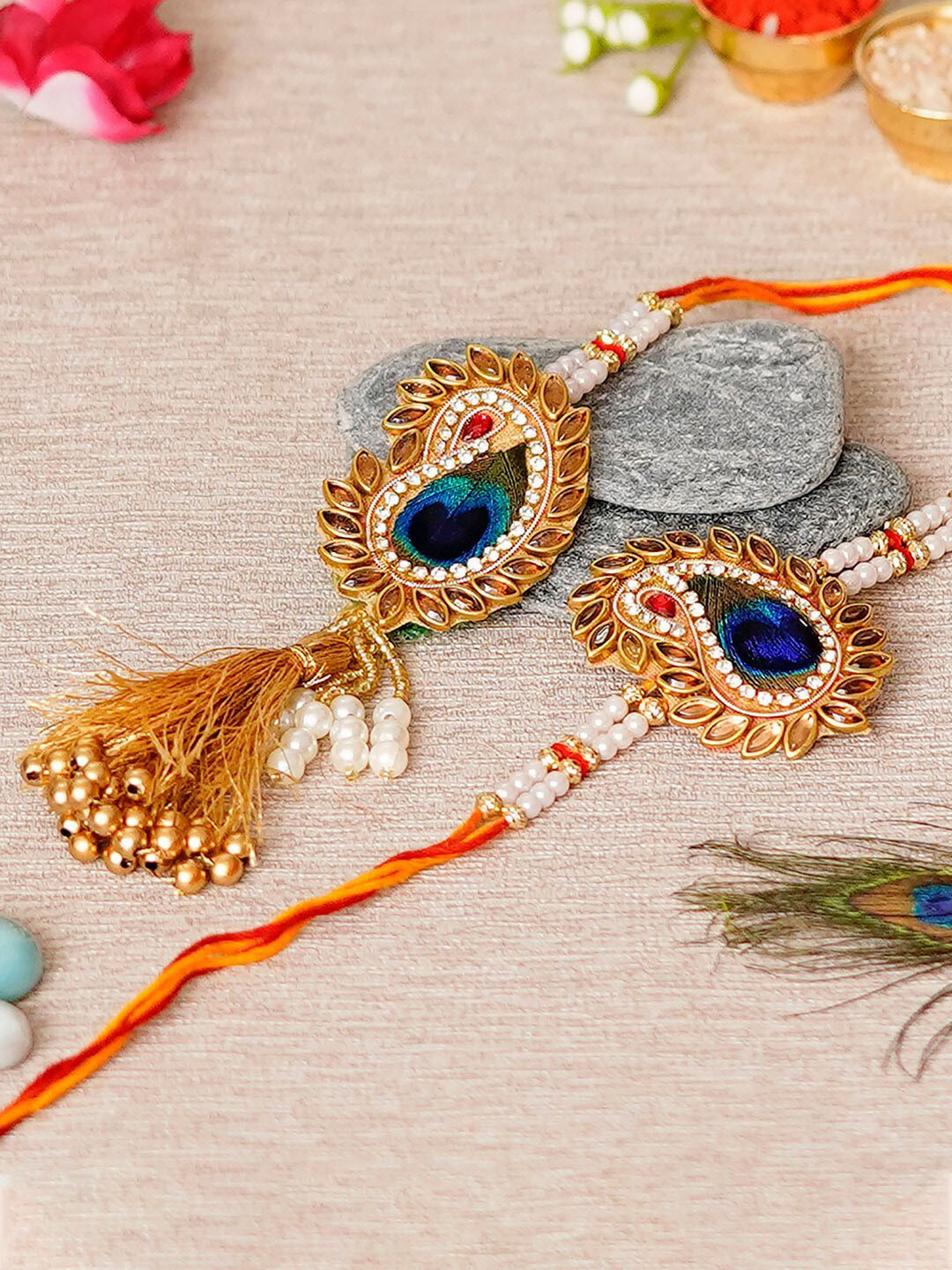 eCraftIndia Gold-Toned & Blue Rakhi Gift Set