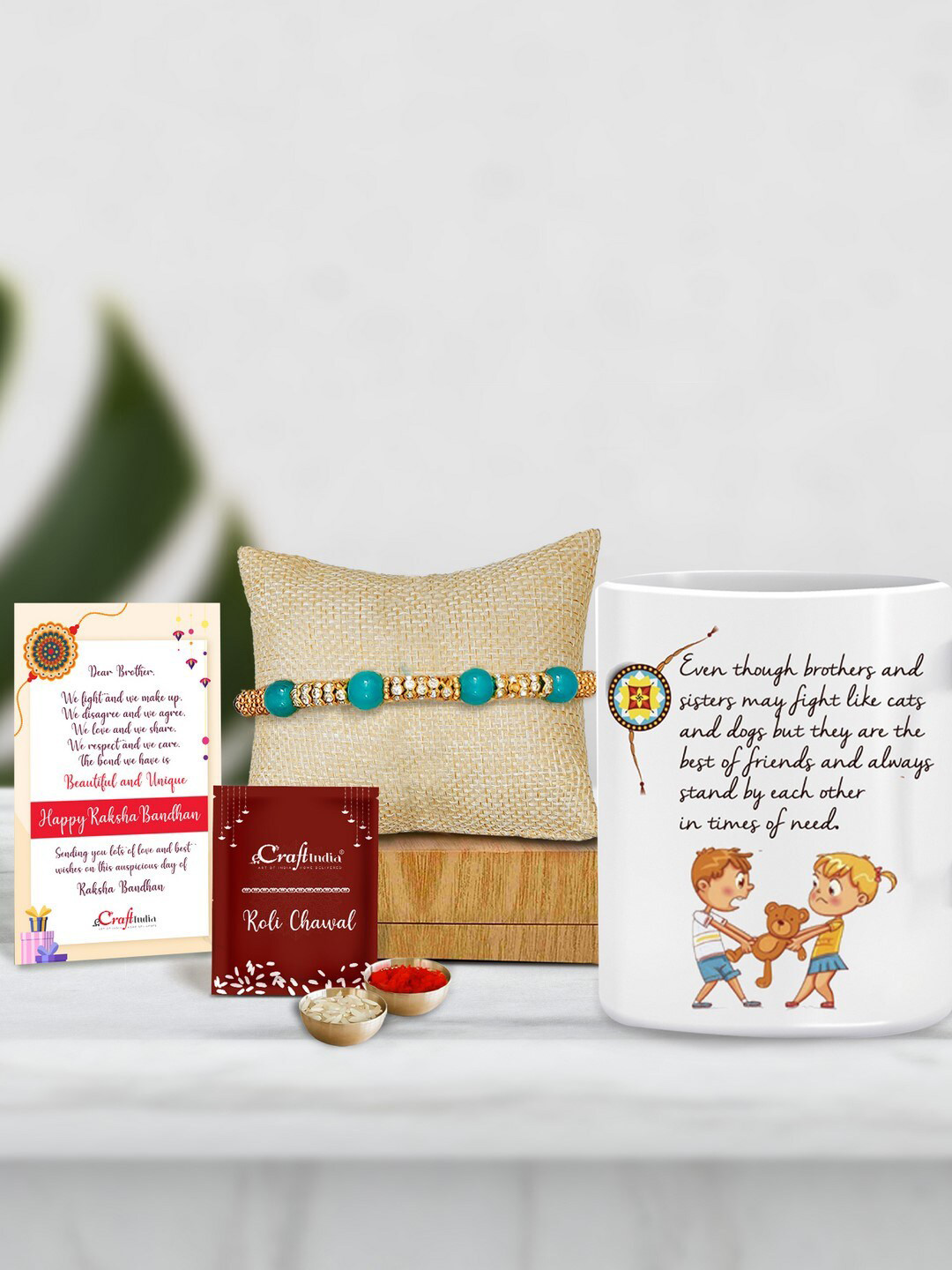 eCraftIndia Set Of 2 Stone and Artificial Beads Rakhi & Roli Chawal Greeting Card