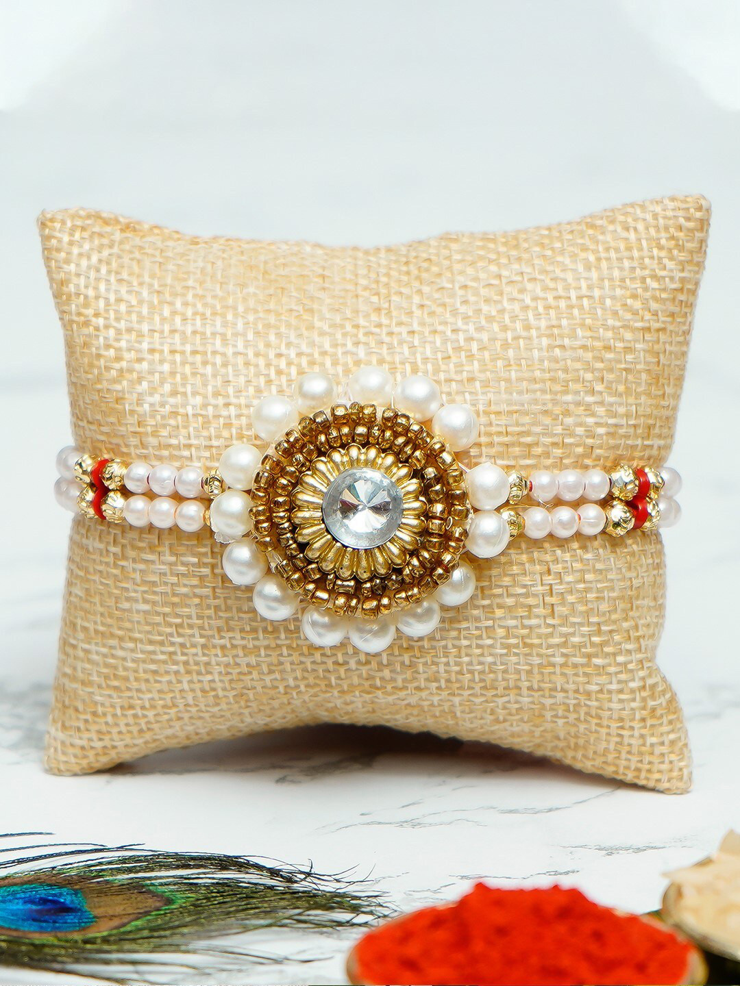 eCraftIndia Gold-Toned & White Rakhi Gift Set