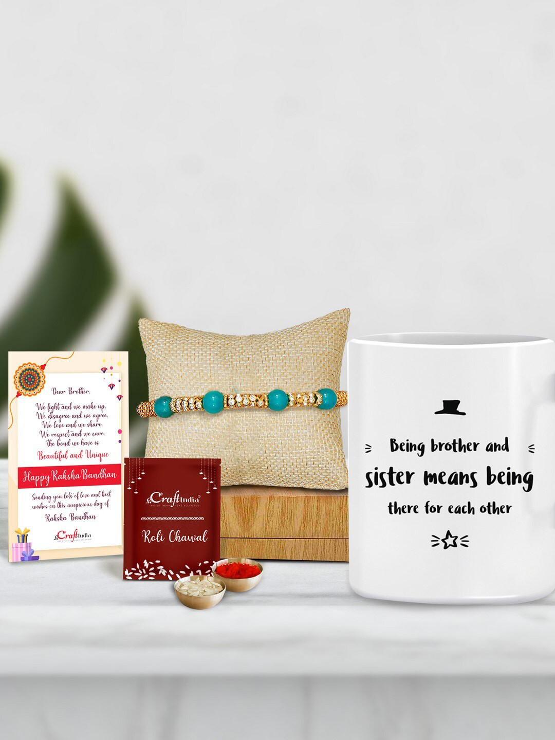 eCraftIndia Designer Pearl Rakhi with Mug for Brother and Roli Chawal Pack, Greeting Card
