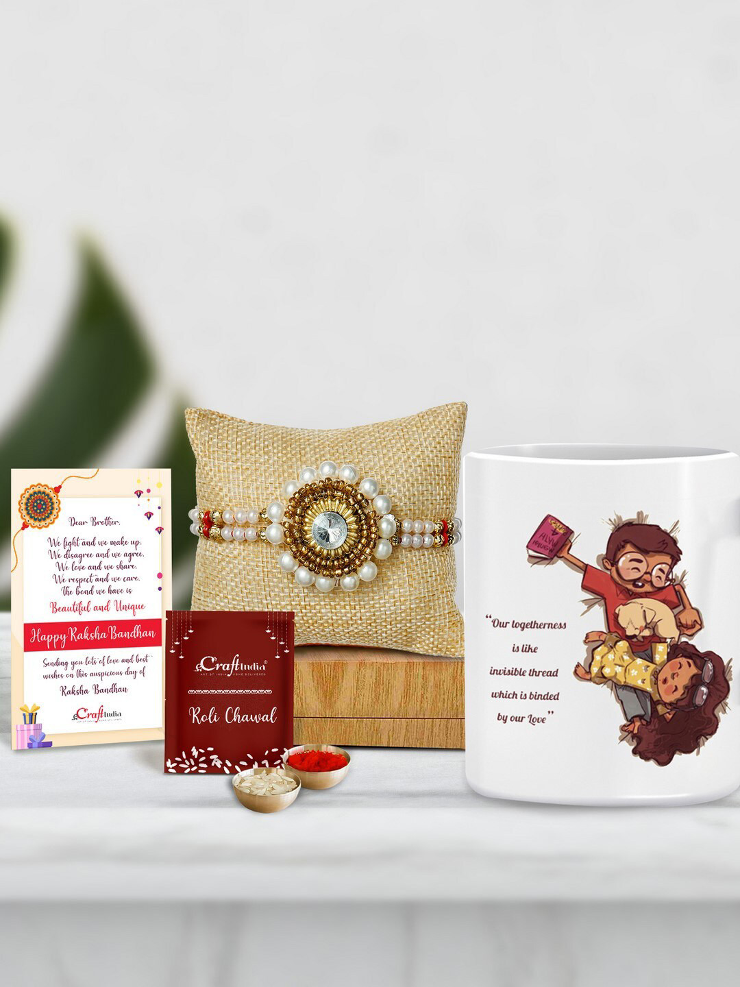 eCraftIndia Stone Pearl Rakhi with Mug for Brother & Roli Chawal Greeting Card