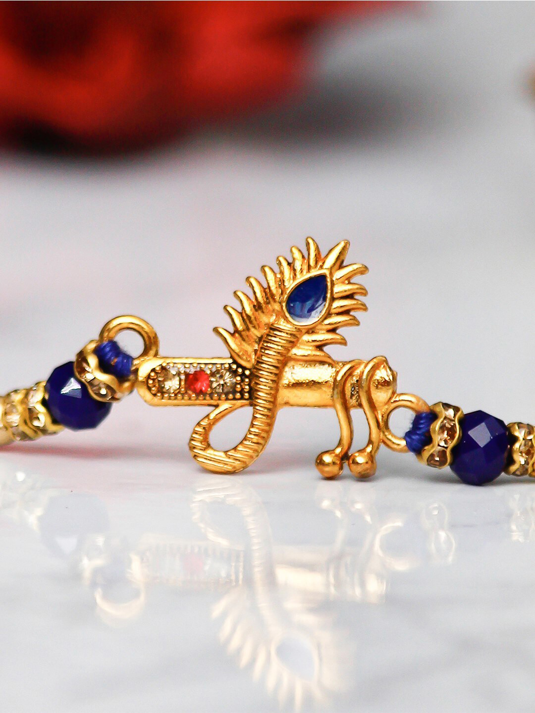 eCraftIndia Gold-Toned & Blue Rakhi Gift Set