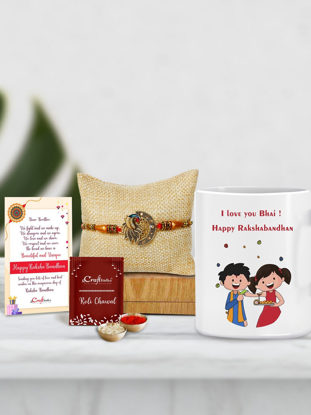 eCraftIndia Designer Peocock Rakhi With Mug & Roli Chawal Pack, Greeting Card