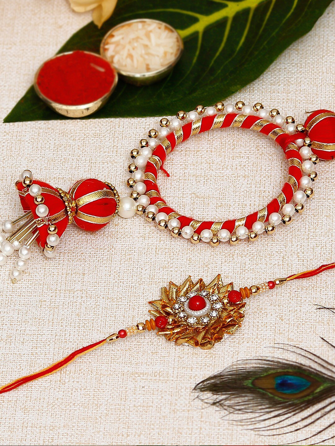 eCraftIndia Red & Gold-Toned Designer Gota Patti Bhaiya Bhabhi Rakhi & Roli Chawal Pack