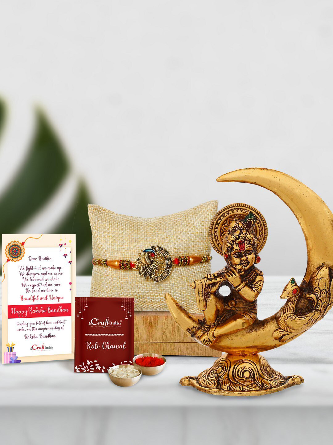 eCraftIndia Peocock Rakhi With Golden Lord Krishna Idol and Roli Chawal, Card