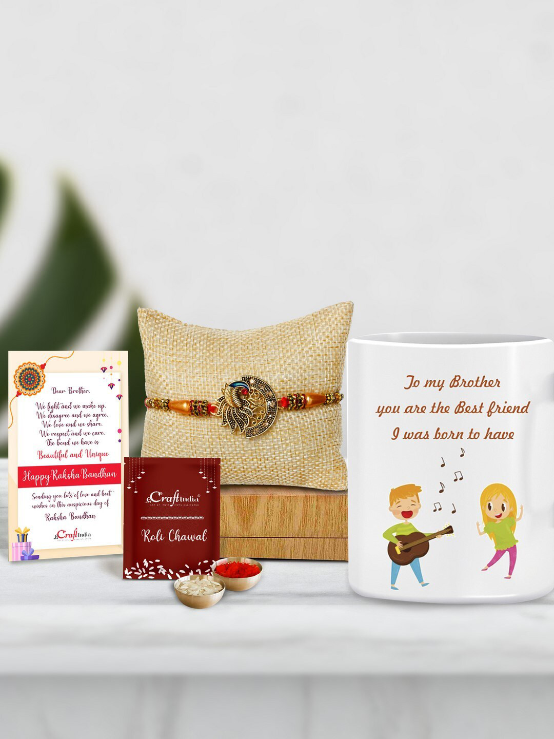 eCraftIndia Designer Peocock Rakhi with Mug and Roli Chawal Pack, Greeting Card