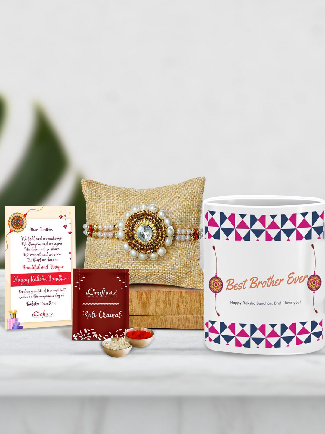 eCraftIndia Designer Stone Studded Rakhi With Mug & Roli Chawal Greeting Card