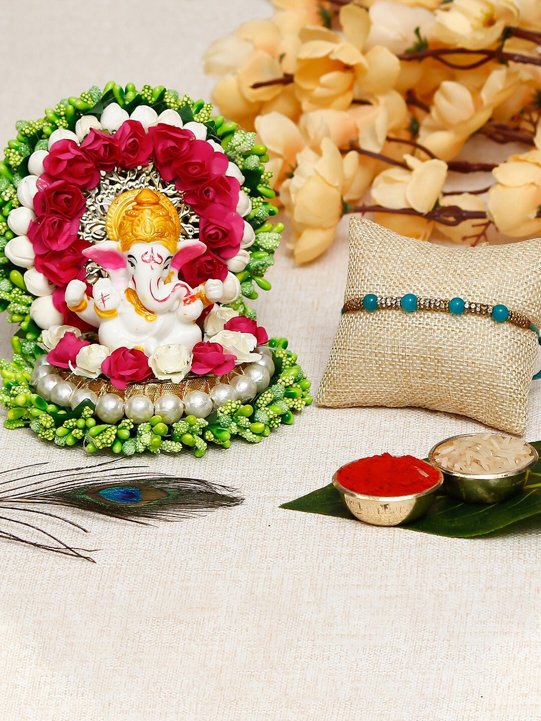 eCraftIndia Rakhi With Lord Ganesha Idol On Floral Plate & Roli Chawal Pack