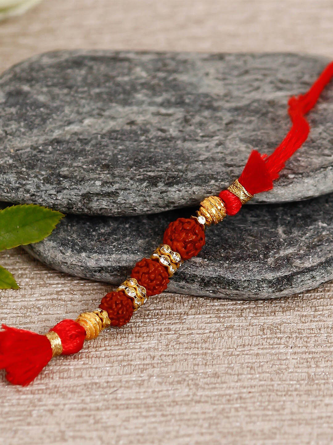 eCraftIndia Red & Gold-Toned Designer Rudraksh Rakhi