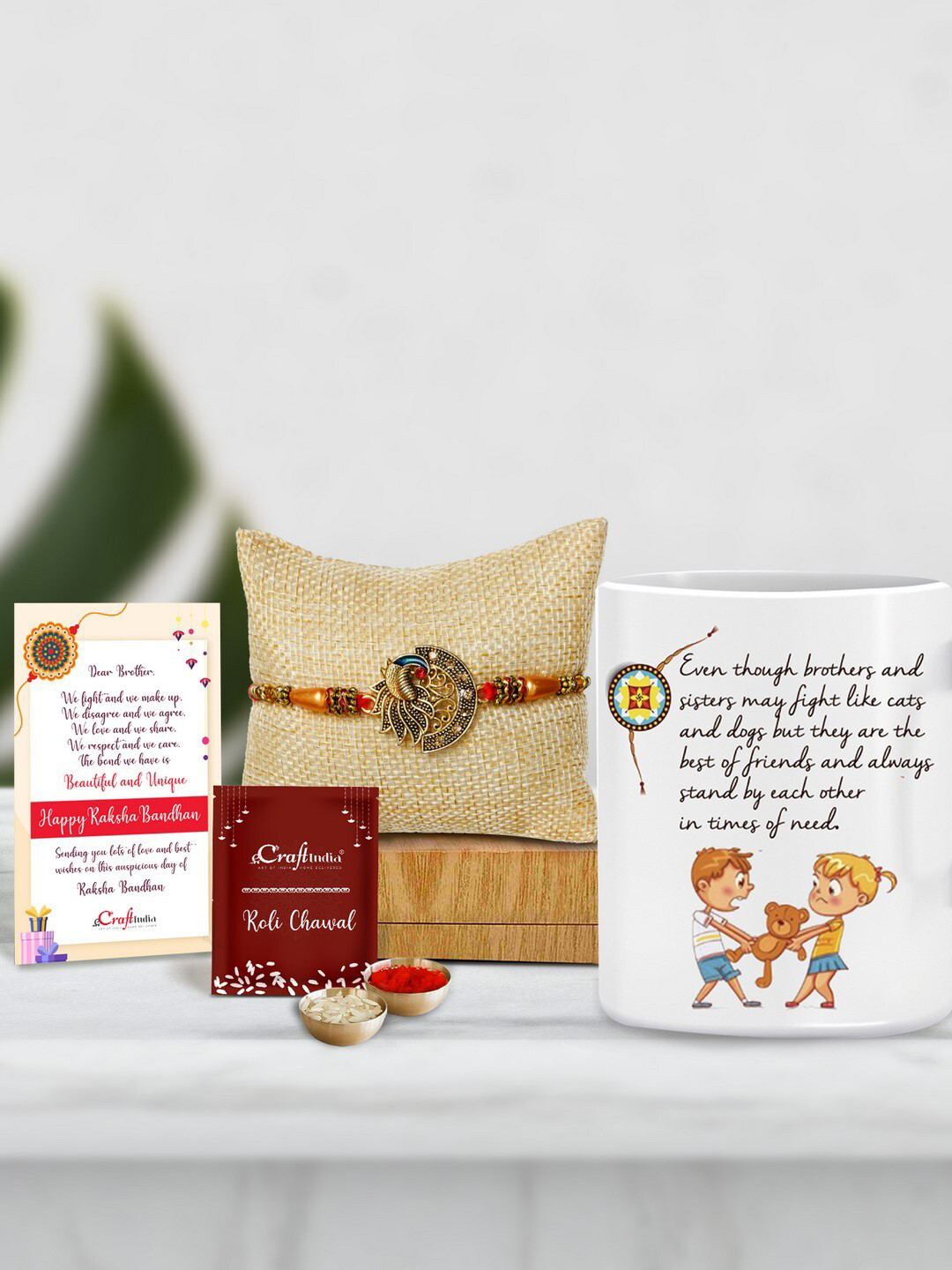 eCraftIndia Unisex Peocock Rakhi With Mug and Roli Chawal Pack, Greeting Card