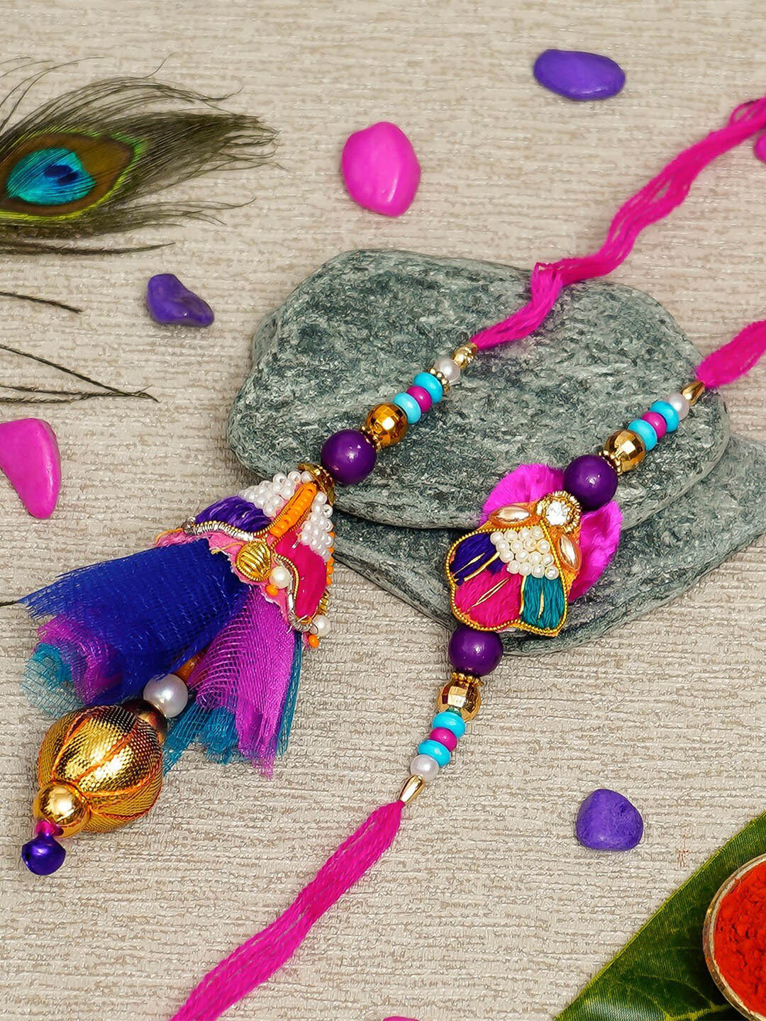 eCraftIndia Pink & Blue Designer Bhaiya Bhabhi Rakhi & Roli Chawal Pack