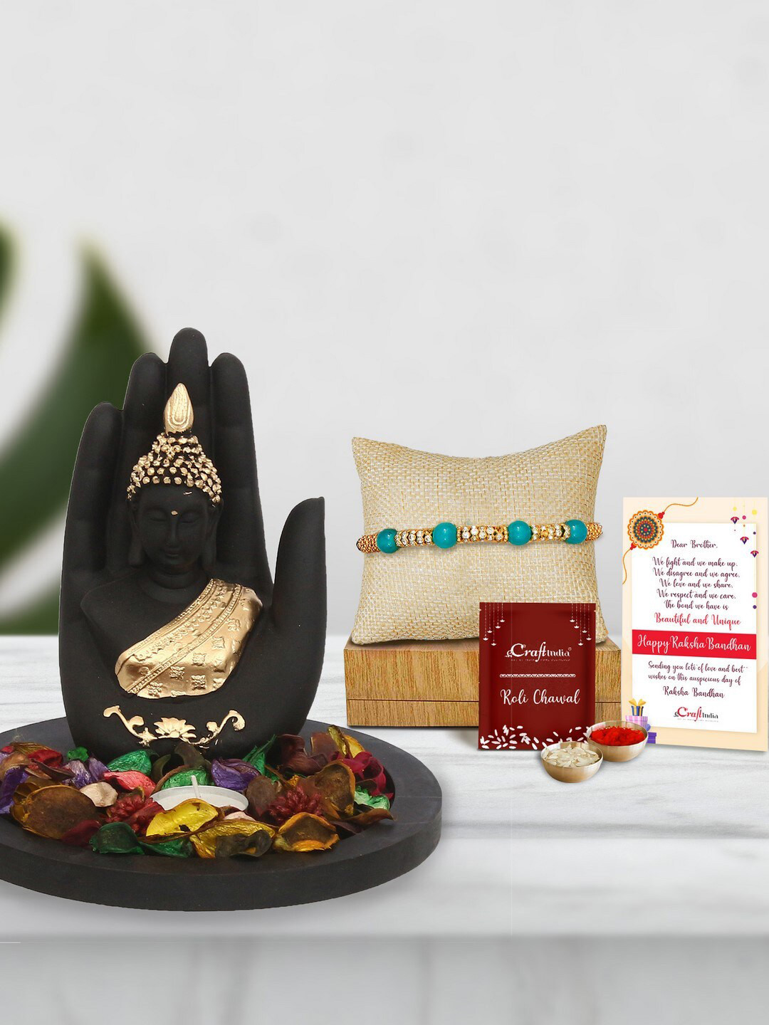 eCraftIndia Gold-Toned & Green Rakhi Gift Set