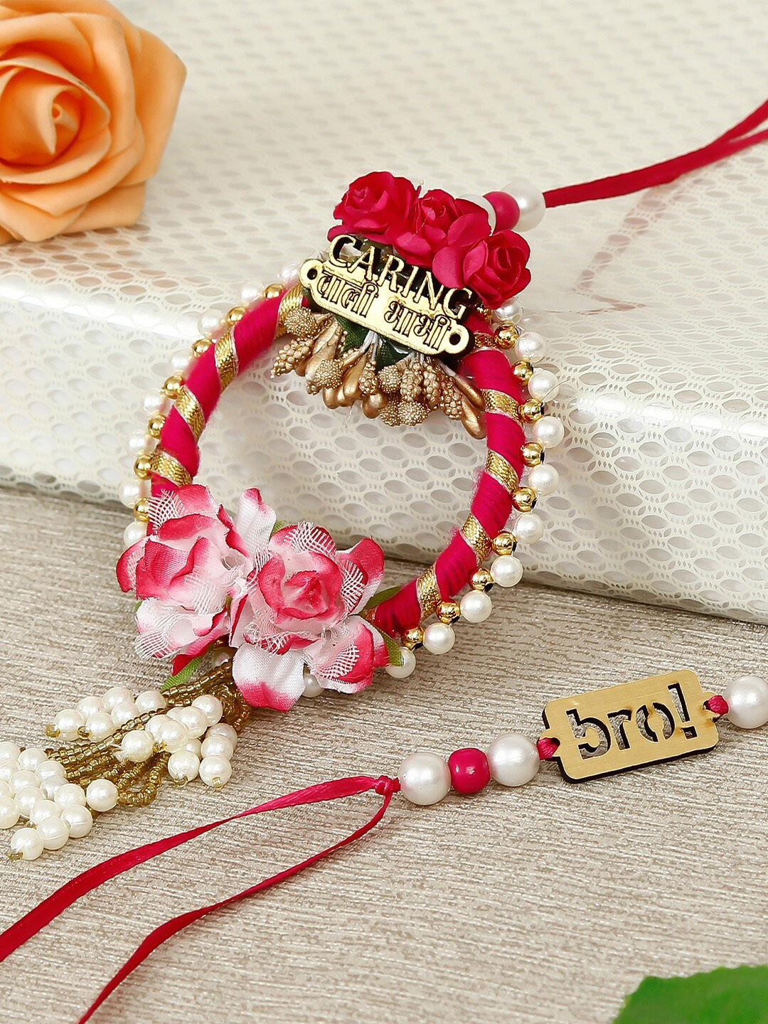 eCraftIndia Gold-Toned & Pink Rakhi Gift Set
