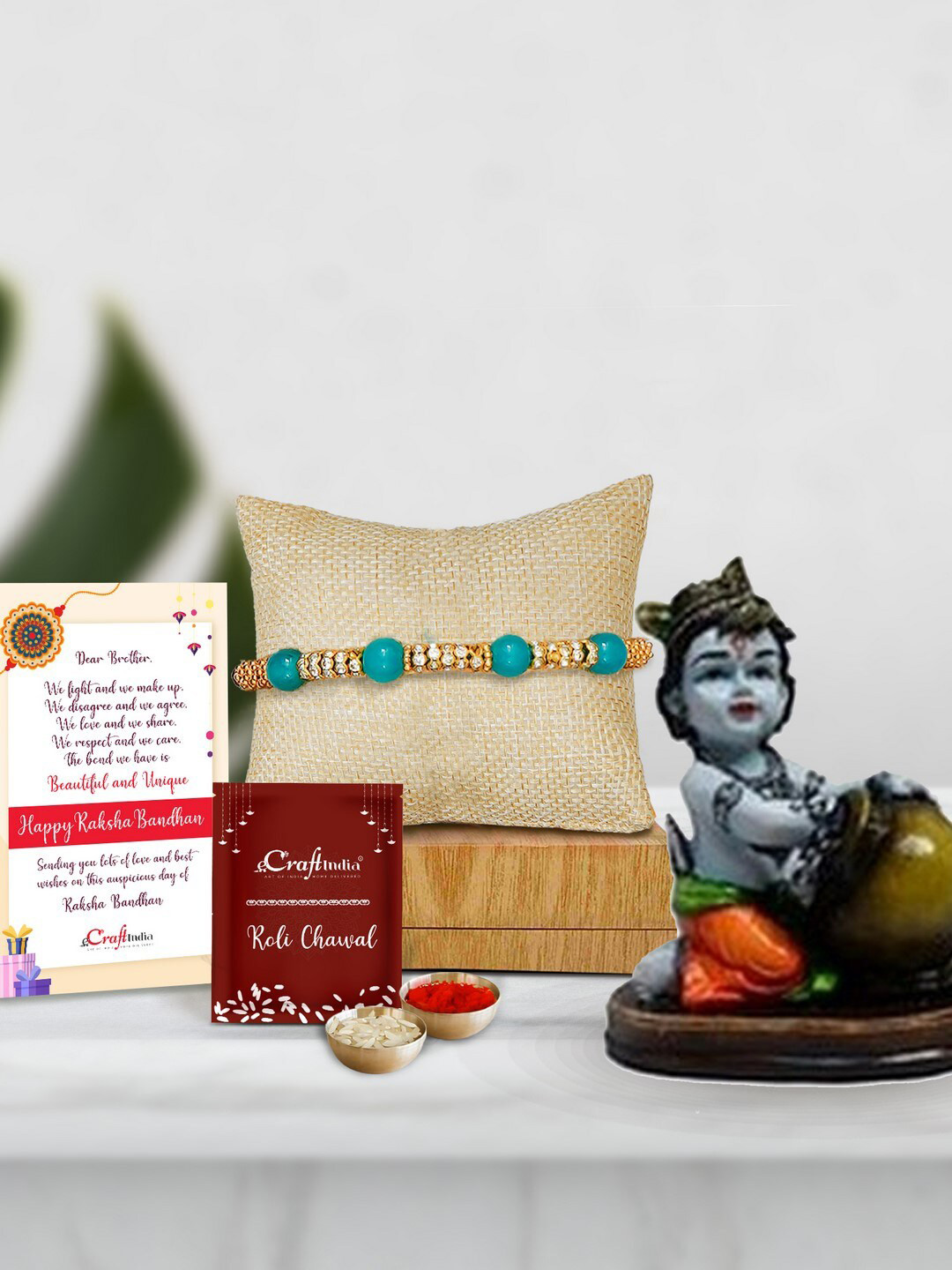 eCraftIndia Gold-Toned & Green Rakhi Gift Set