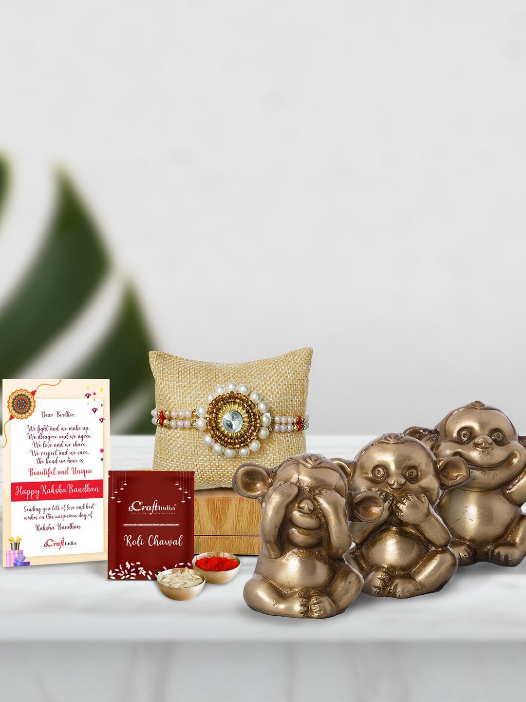 eCraftIndia Multicoloured Brass 3 Musketeers Monkey Rakhi Gift Set