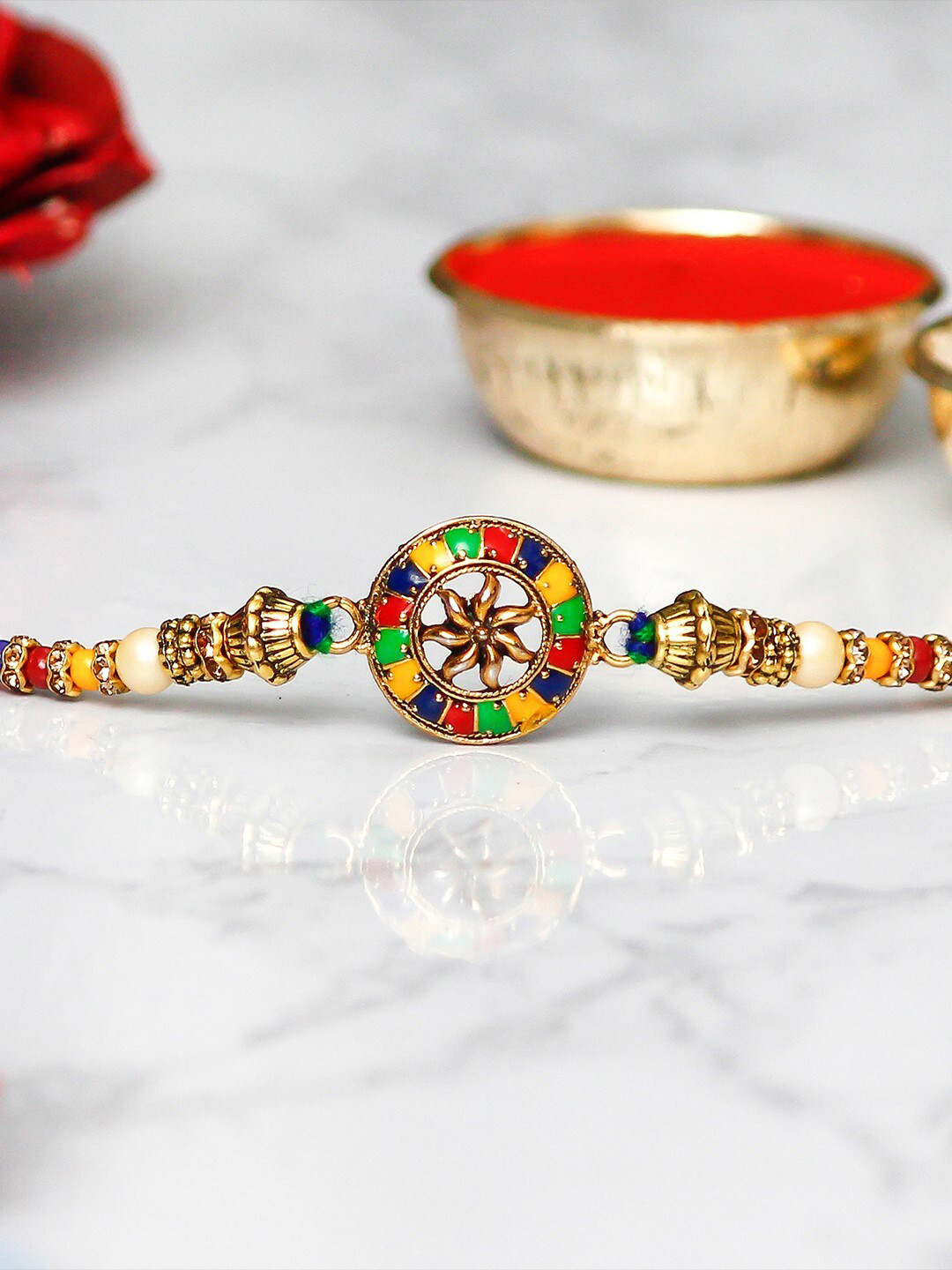 eCraftIndia Multicolored Designer Rakhi & Roli Chawal Pack