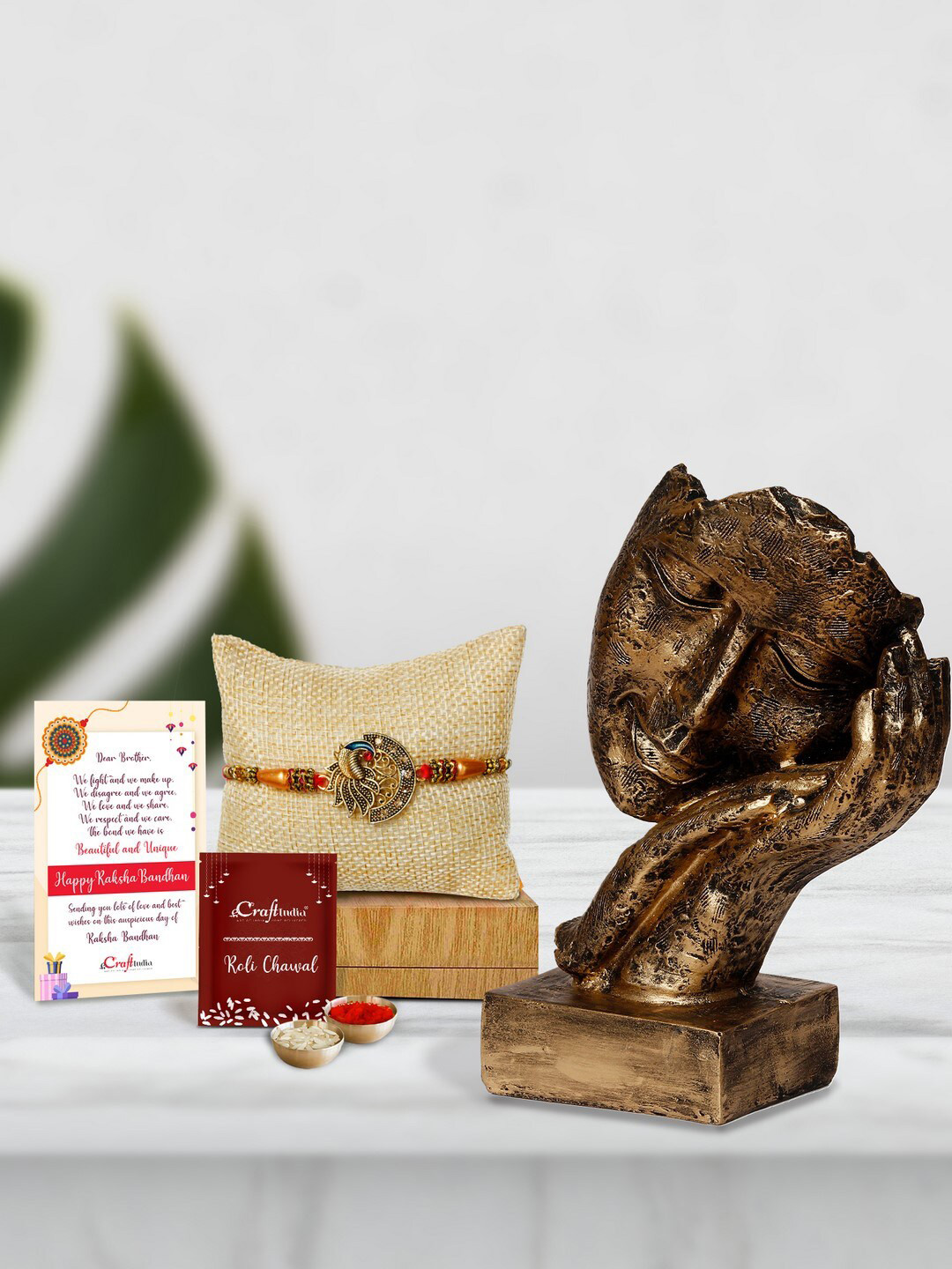 eCraftIndia Gold-Toned Handcrafted Face Showpiece Rakhi Gift Set