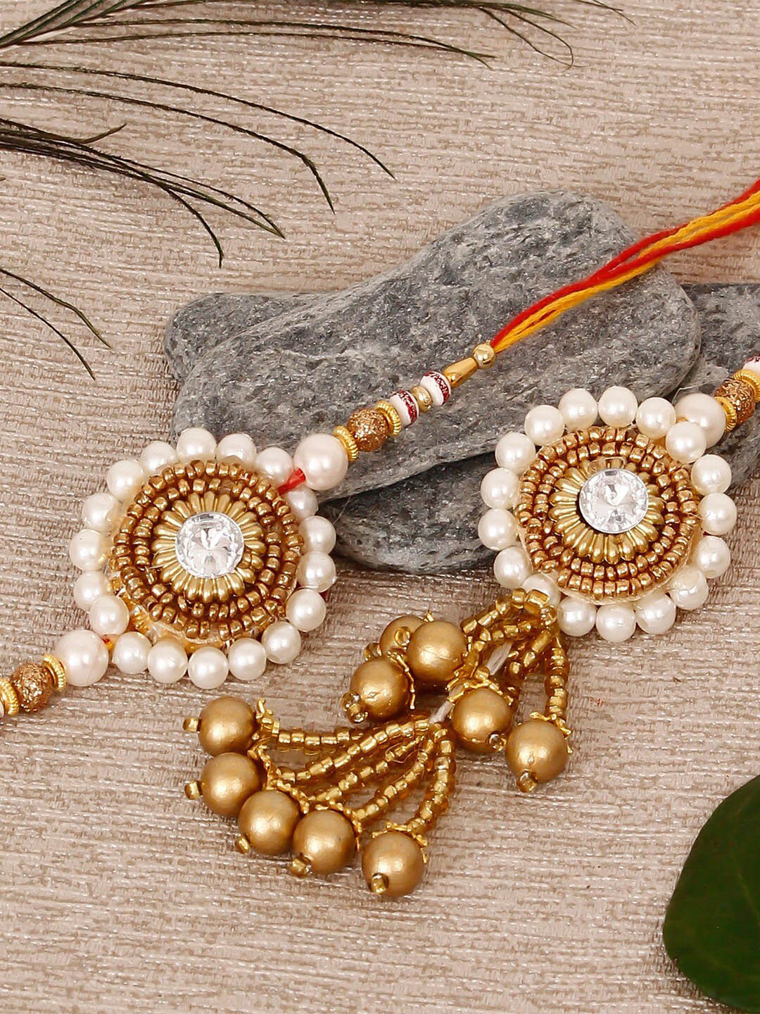 eCraftIndia White & Gold-Toned Designer Bhaiya Bhabhi Rakhi