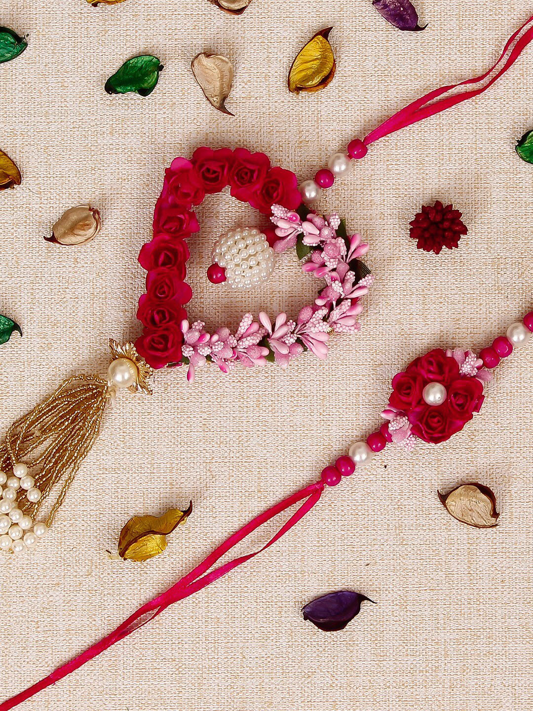 eCraftIndia Red & Pink Floral & Heart Shape Bhaiya Bhabhi Rakhi