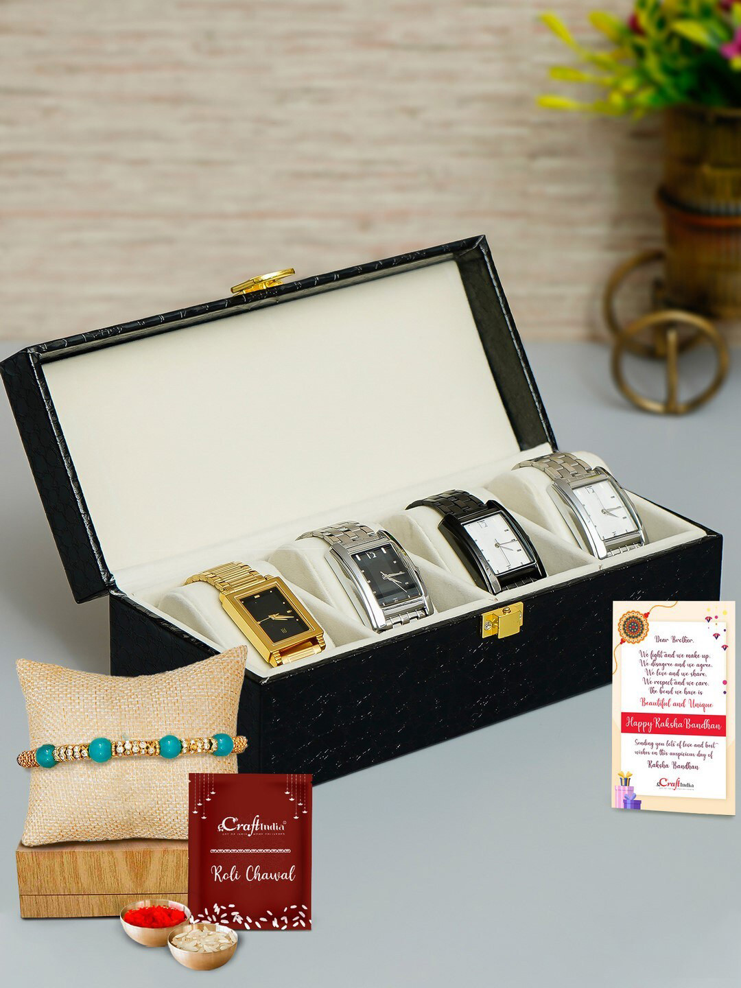 eCraftIndia Multicoloured Rexine Watch Organizer Box with 4 Cushions Rakhi Gift Set