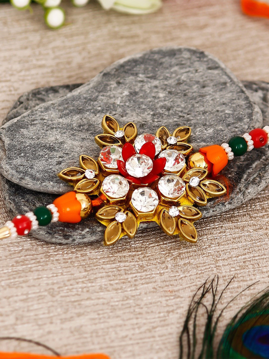 eCraftIndia Gold-Toned & White Rakhi Gift Set