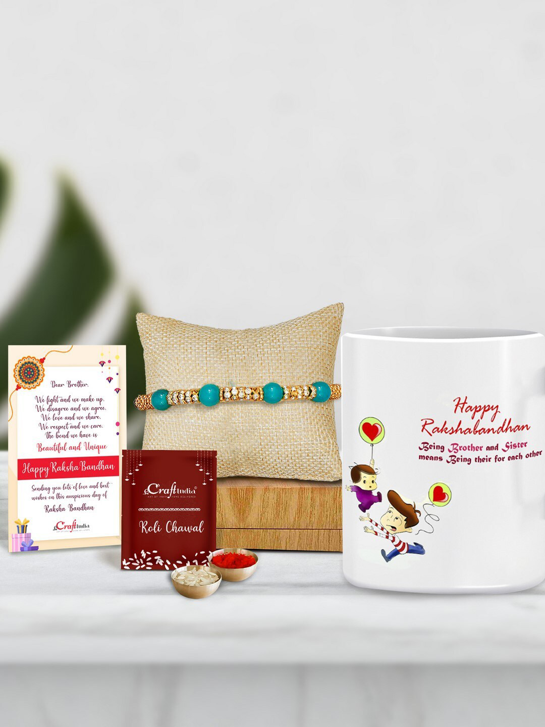 eCraftIndia Turquoise Blue & Gold-Toned Pearl Beaded Rakhi Gift Set