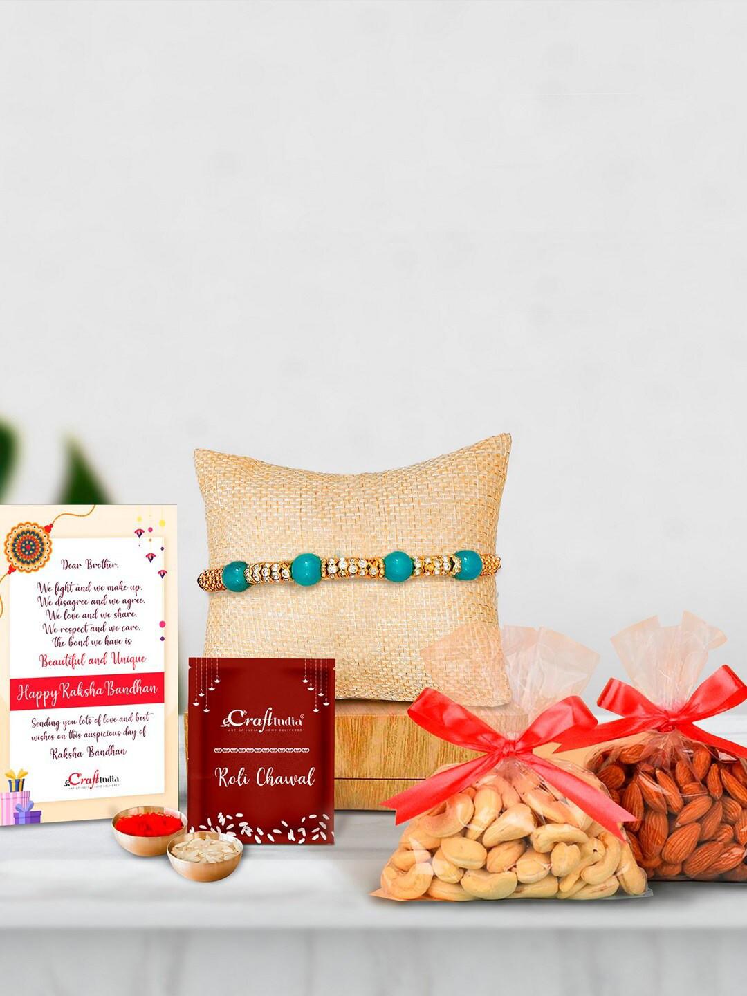 eCraftIndia Multicoloured Pearl Rakhi Gift Set with Badam & Cashews 400g